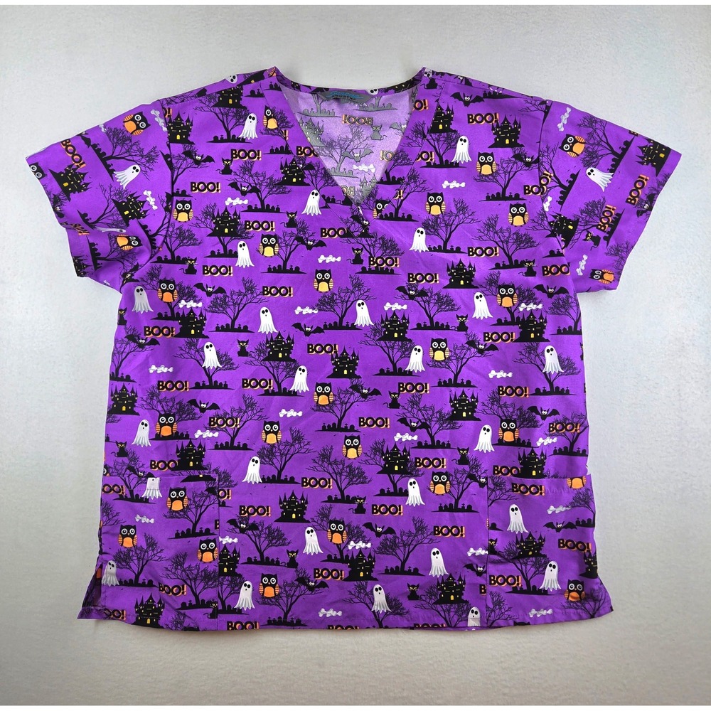 Serene Uniforms Scrub Top 2X Halloween Boo! Ghosts Owls Haunted House Purple